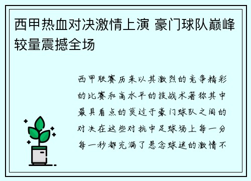 西甲热血对决激情上演 豪门球队巅峰较量震撼全场