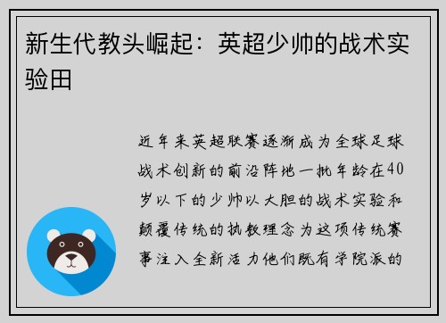 新生代教头崛起：英超少帅的战术实验田