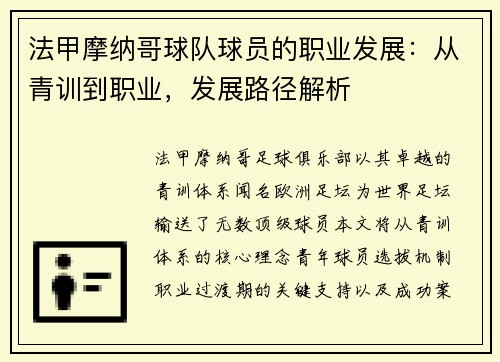 法甲摩纳哥球队球员的职业发展：从青训到职业，发展路径解析