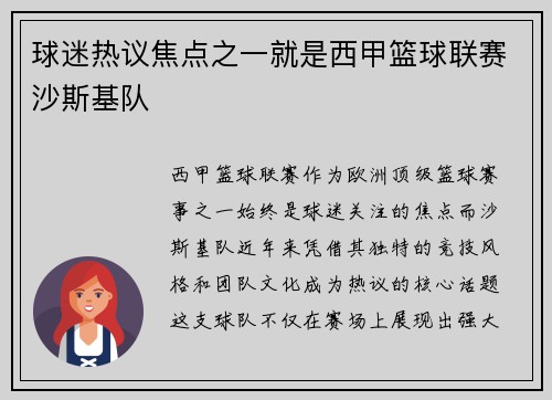 球迷热议焦点之一就是西甲篮球联赛沙斯基队